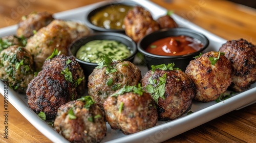 A close-up shot of a plate filled with various types of meatballs, garnished with fresh herbs and served with dipping sauces, showcasing a mouthwatering appetizer