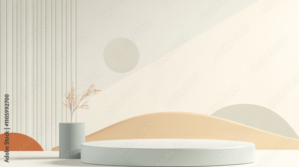 A minimalist podium with geometric lines and pastel-colored floating elements in the background A minimalist podium with geometric lines and pastel-colored floating elements in the background