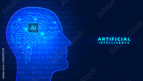 Artificial Intelligence illustration. Digital brain human head outline chipset circuit board and machine learning concept. Digital computer binary code. Head shape. Data transfer concepts in internet.