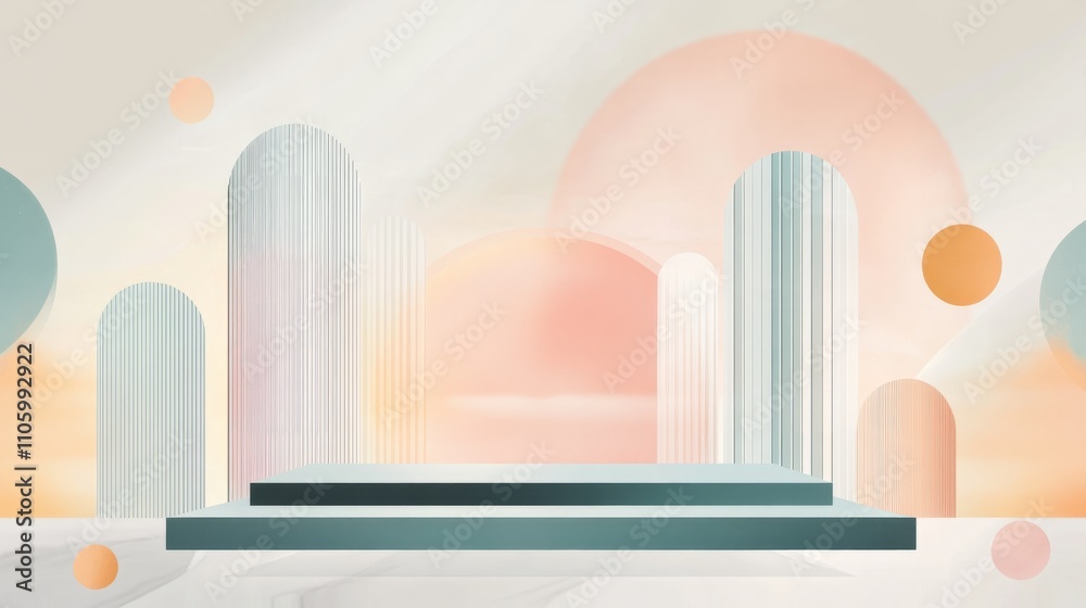 A minimalist podium with geometric lines and pastel-colored floating elements in the background A minimalist podium with geometric lines and pastel-colored floating elements in the background