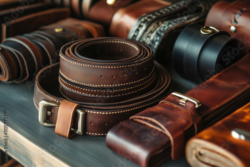 Minimalist display of stylish leather belts and wallets at home store