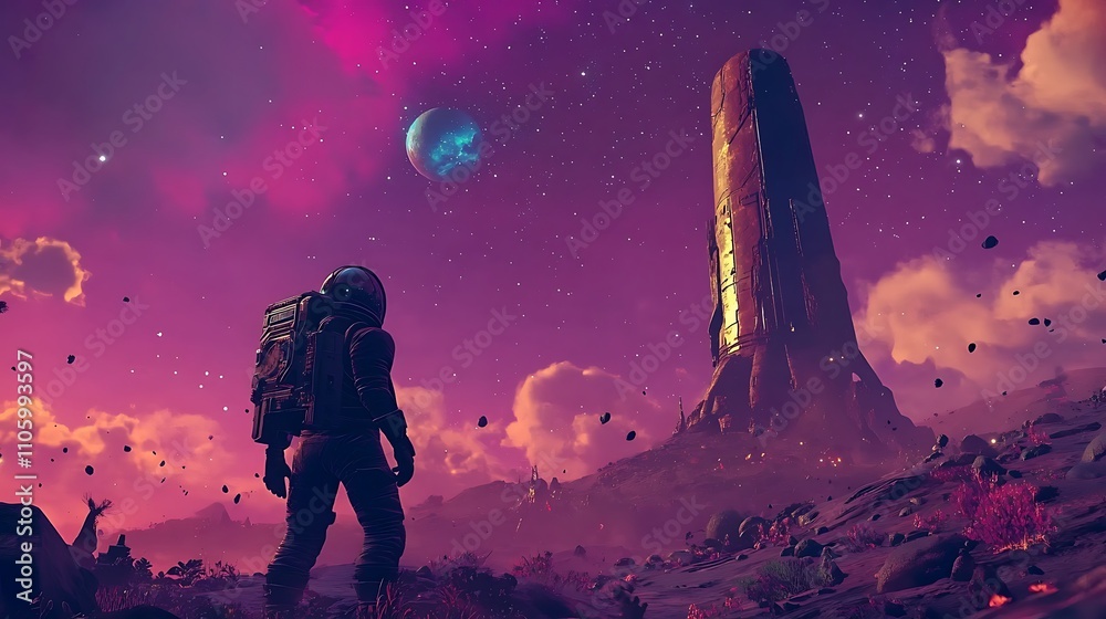 Obraz premium Astronaut Exploring Alien Planet With Mysterious Structure