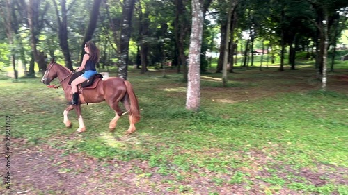 Mãe e filha andam juntas com cavalos em fazenda  photo