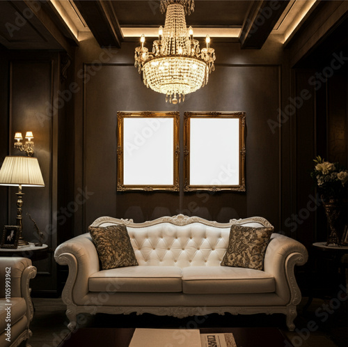 Classic Living Room with Dark Walls, White Sofa, and Ornate Golden Frames Under Lighting