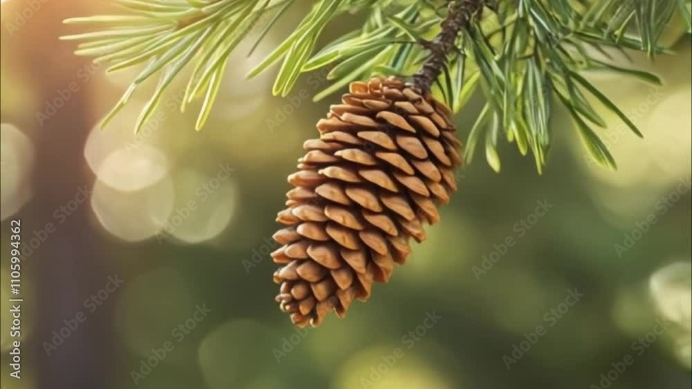 Closeup of pine cone on branch in a pine forest gently swaying. Autumn time