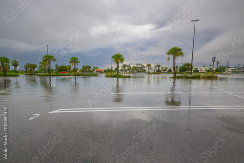 A parking lot submerged under heavy rain, with water pooling  creating  stormy scene.