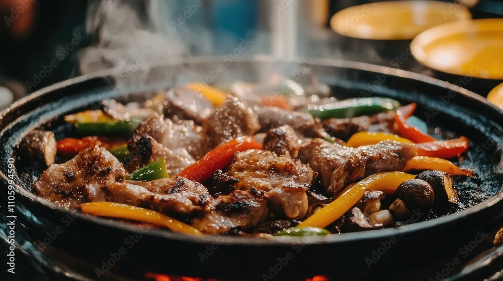 A close-up shot of tender pork sizzling on a hot griddle, surrounded by fresh vegetables like bell peppers and mushrooms, capturing the delicious textures and inviting aromas of this Thai dish A close-up shot of tender pork sizzling on a hot griddle, surrounded by fresh vegetables like bell peppers and mushrooms, capturing the delicious textures and inviting aromas of this Thai dish