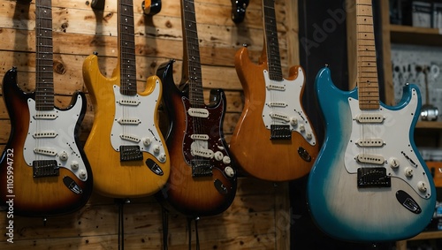 Electric guitars and accessories in a music shop.