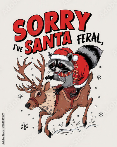 A playful raccoon in a Santa outfit rides a reindeer, with a humorous message about being 