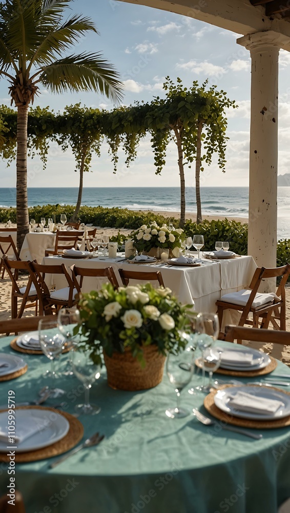 Fototapeta premium Elegant beachside dining with greenery accents.