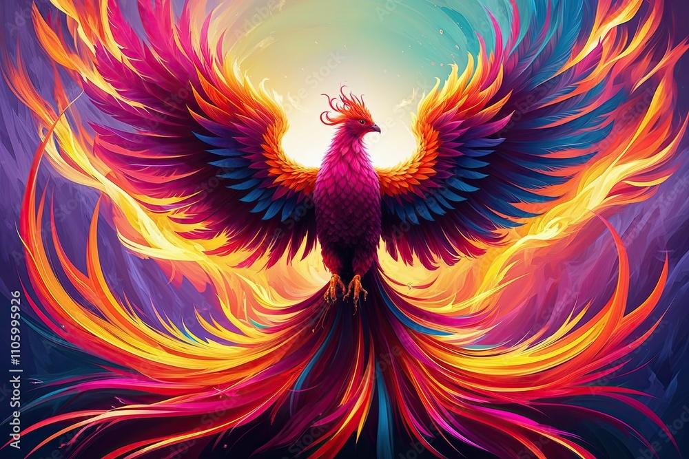 Obraz premium Vibrant Phoenix Ablaze in Generative Art Illustration