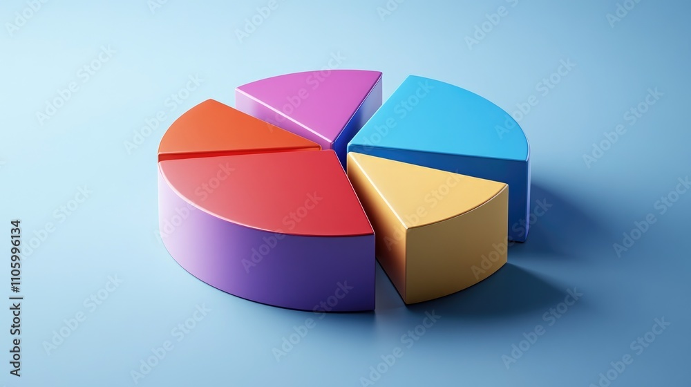 Fototapeta premium A colorful 3D pie chart with vibrant slices emerging from a circular base, casting realistic shadows on a smooth background, representing clear data divisions