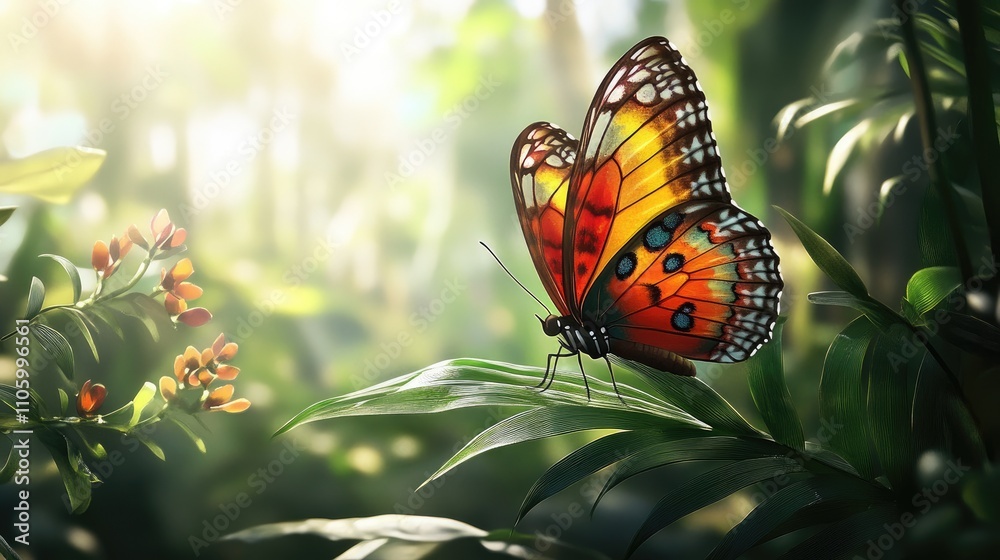 Obraz premium A colorful butterfly perched delicately on a lush green leaf, its wings spread wide, basking in the natural sunlight of a peaceful garden.