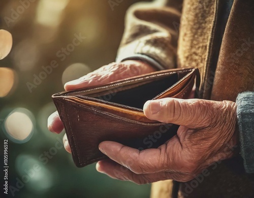 Empty wallet in the hands of an elderly man. Poverty in retirement concept