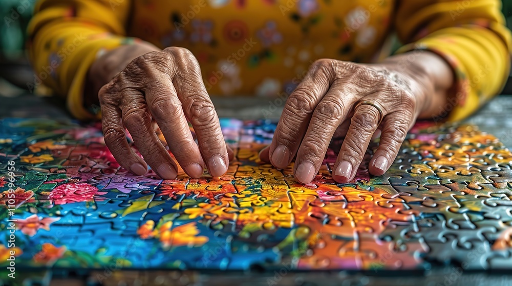 Close-up hands of old woman connecting jigsaw puzzle Close-up hands of old woman connecting jigsaw puzzle