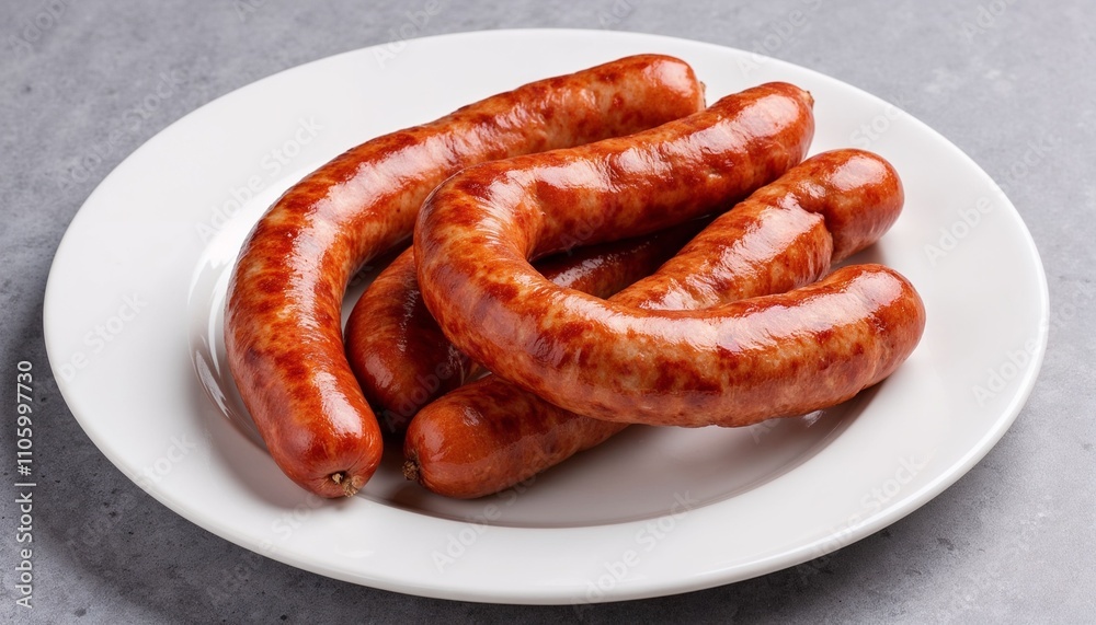 Grilled sausages on a white plate, appetizing mood, savory food, minimalist food presentation Grilled sausages on a white plate, appetizing mood, savory food, minimalist food presentation