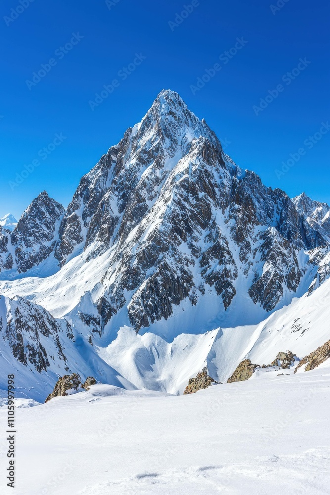 Fototapeta premium Majestic Snow-Capped Mountain Against Clear Blue Sky in Winter Wonderland Landscape