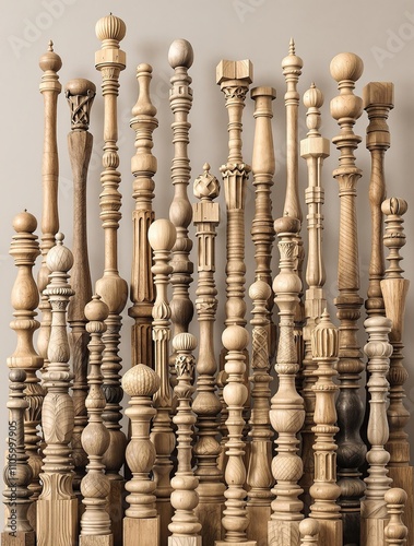 Assortment of turned wooden spindles and balusters for custom woodworking, turned, spindles, balusters photo