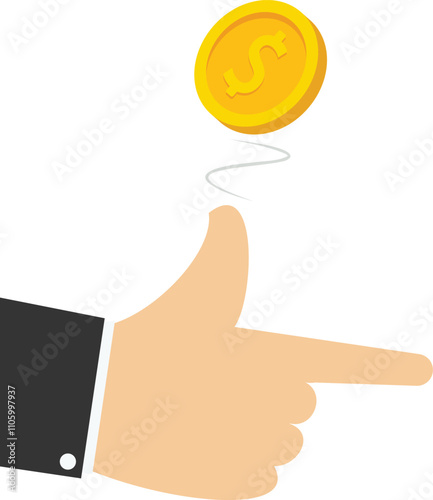 Success in wealth management. Hand of businessman tossing a coin. Business concept. Flat vector illustration.

