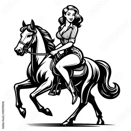 retro pinup cowgirl riding a horse illustration