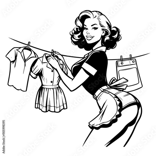 classic pin-up housewife doing chores illustration black and white pinup vector