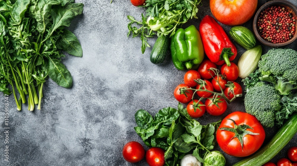 Vibrant combination of colorful vegetables and herbs on grey background emphasizing healthy eating with empty space for tex Vibrant combination of colorful vegetables and herbs on grey background emphasizing healthy eating with empty space for tex