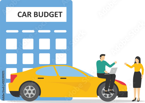 Car budget. Businesswoman and man standing with car budget on calculator and stack of coins.

