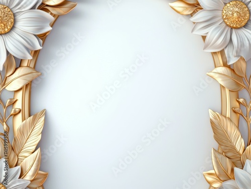Ornate floral frame with white flowers and golden accents on a blank background.
