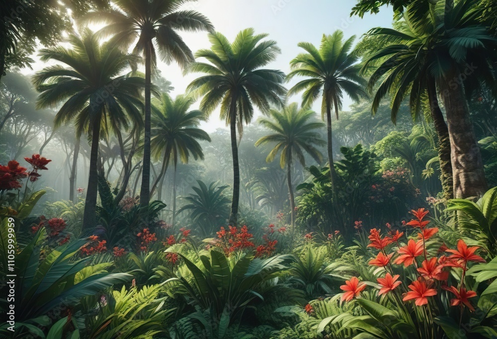 Lush tropical jungle with dense vegetation, exotic flowers, and towering trees, jungle, wilderness Lush tropical jungle with dense vegetation, exotic flowers, and towering trees, jungle, wilderness