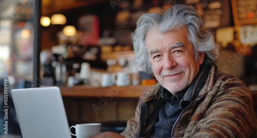 Happy senior man working remotely using laptop in cafe, enjoying cup of coffee and smiling