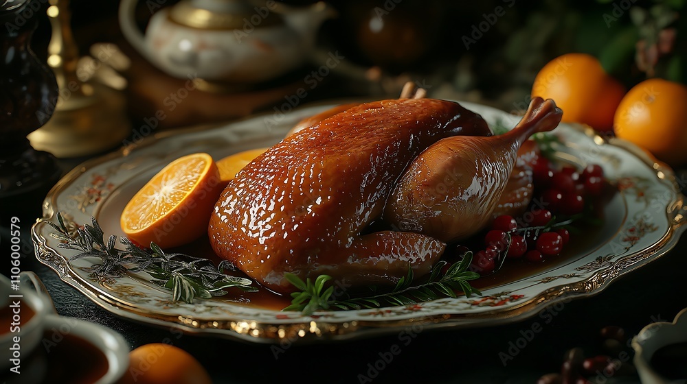 Juicy roasted duck with crispy skin, served with a side of orange glaze, luxurious and rich setting.