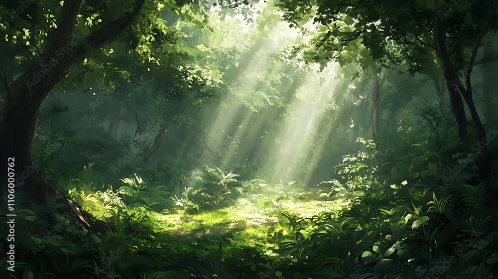 Obraz premium Sunlit Green Forest Path Lush Nature Tranquil Woods Sunlight Beams Plants Trees Foliage Landscape