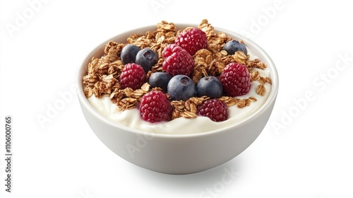 A creative shot of a breakfast bowl filled with yogurt, granola, and a generous portion of mixed berries, set against a clean white background, showcasing a healthy and delicious start to the day.