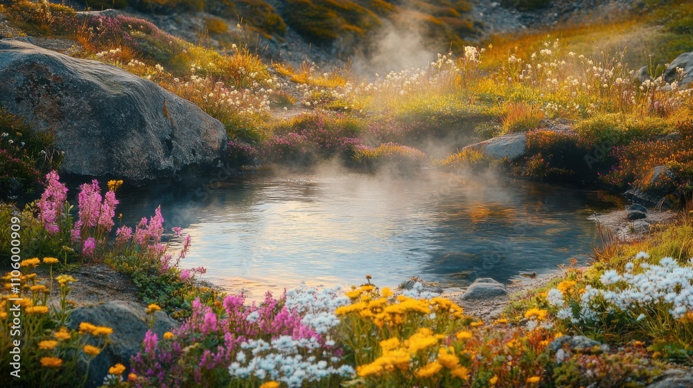 Misty Geothermal Spring, Colorful Wildflowers, Volcanic Landscape Misty Geothermal Spring, Colorful Wildflowers, Volcanic Landscape