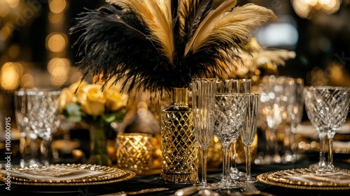 Classic 1920s art deco New Year's decor with gold and black geometric designs, feathered centerpieces, and crystal glasses photo