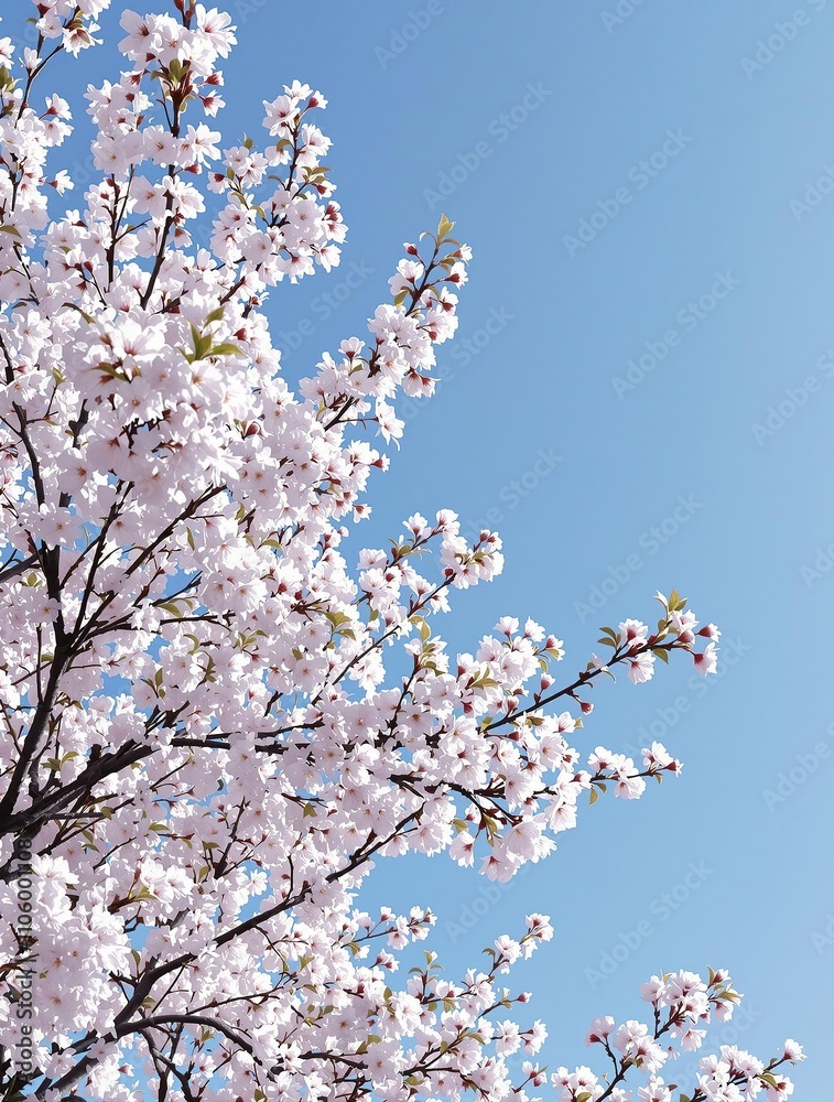 Beautiful white cherry blossoms under a clear blue sky, serene, spring, cherry trees Beautiful white cherry blossoms under a clear blue sky, serene, spring, cherry trees