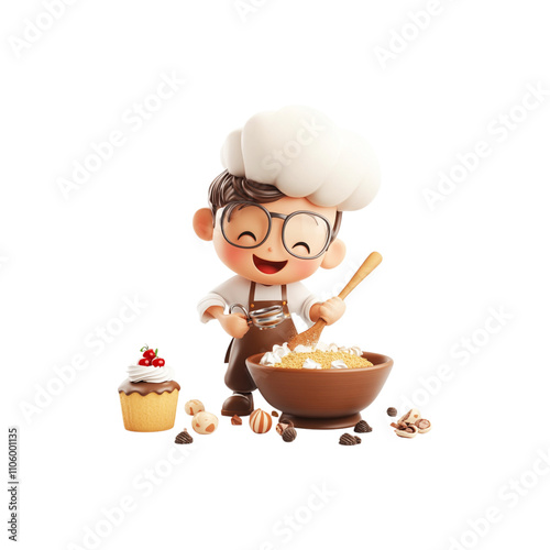 Cute Chef Character Mixing Ingredients in Bowl for Cooking Concept - Generated AI