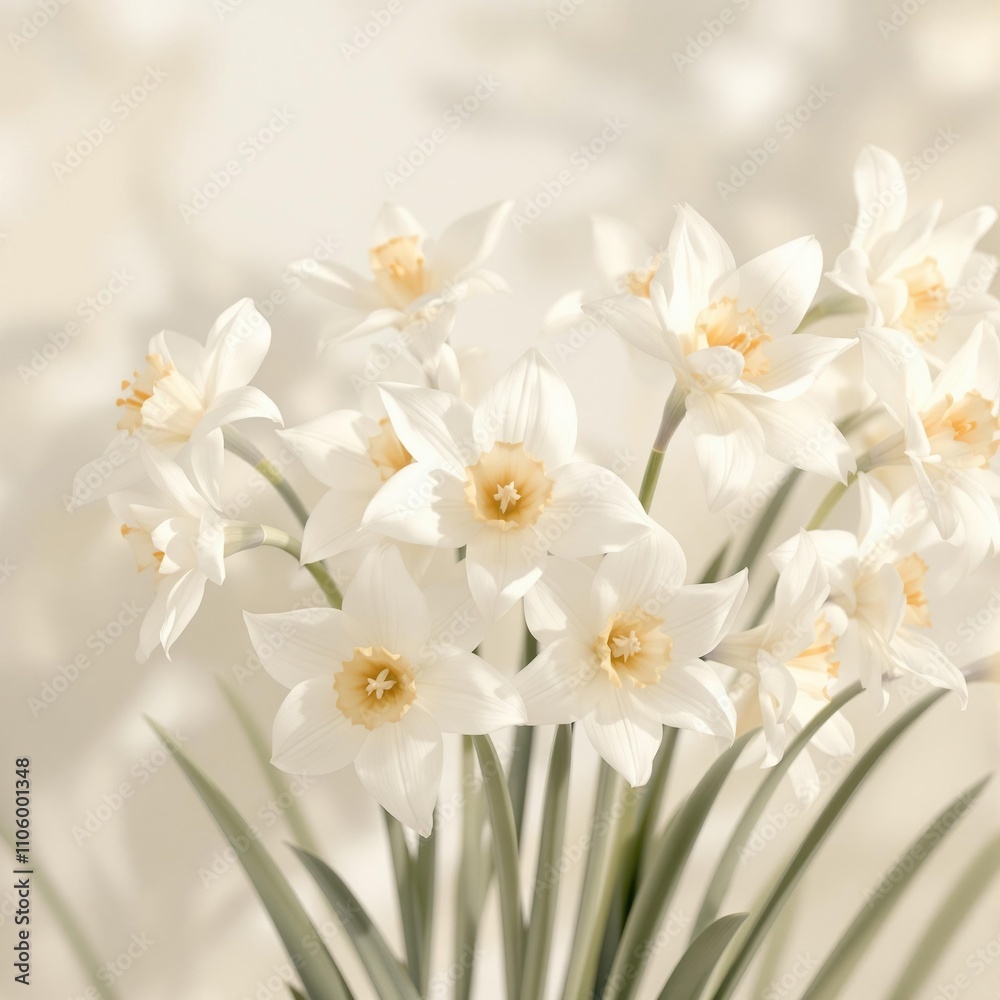 Beautiful white jonquil narcissus hybrid flowers in a mood-lit setting, delicate, elegant Beautiful white jonquil narcissus hybrid flowers in a mood-lit setting, delicate, elegant