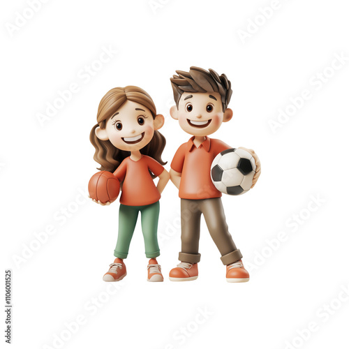 Two Cartoon Kids Holding Soccer Balls - Sports and Teamwork Artwork - Generated AI