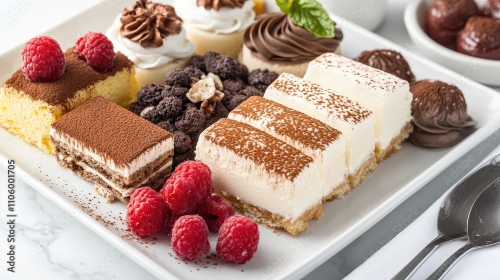 A creative shot of Italian desserts, including tiramisu and panna cotta, beautifully arranged on a dessert platter, showcasing the delightful end to an Italian meal. A creative shot of Italian desserts, including tiramisu and panna cotta, beautifully arranged on a dessert platter, showcasing the delightful end to an Italian meal.