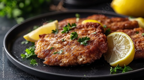 Pork schnitzel with lemon wedges, 4K hyperrealistic photo