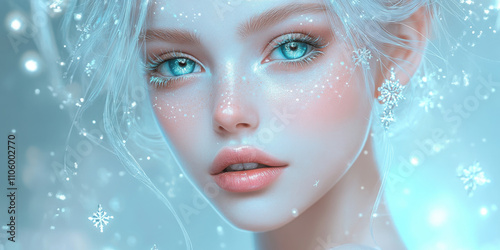 A beautiful white-skinned woman with ice-blue eyes and blonde hair, wearing elegant fancy makeup in shades of pale turquoise and silver