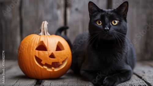 Realistick Black Cat and Jack o Lantern on wooden background. 