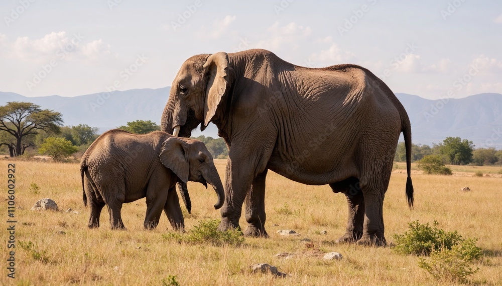 Fototapeta premium Big and small elephants in african savanna, joyful mood, mother and baby, wide grassland background