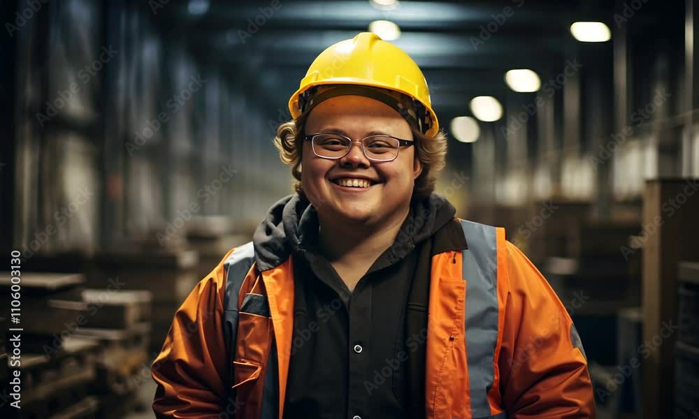 Smiling construction worker showcases teamwork and safety in bustling warehouse environment Smiling construction worker showcases teamwork and safety in bustling warehouse environment
