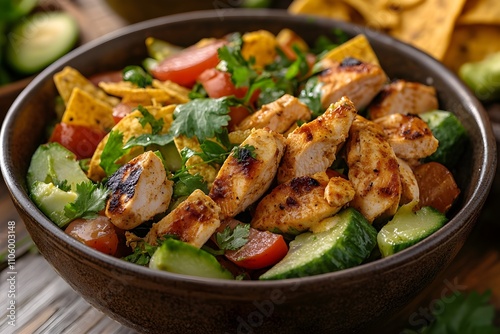 Appetizing and fresh salad seasoned with pumpkin, tomatoes, various vegetables, grilled chicken and herbs in a bowl on the kitchen table.