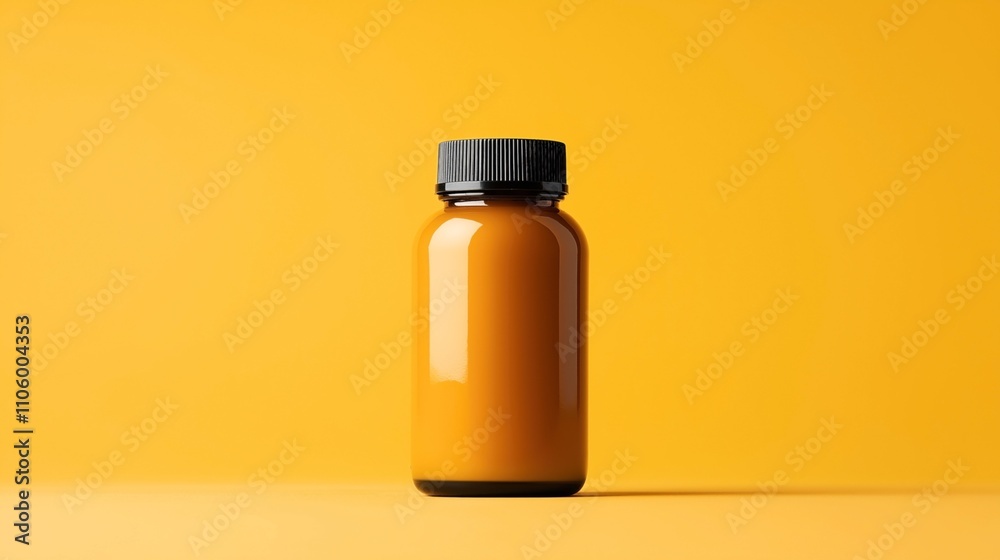 Amber plastic bottle with black cap on a yellow background, minimalistic design emphasizing packaging and color contrast. Amber plastic bottle with black cap on a yellow background, minimalistic design emphasizing packaging and color contrast.