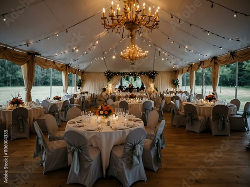 Elegant wedding banquet setup inside a decorated tent.