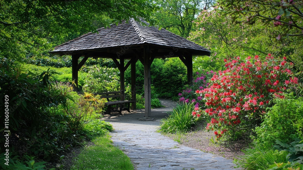 Tranquil Stone Pathway Leading to a Charming Shelter Surrounded by Lush Greenery and Vibrant Flowers in a Peaceful Countryside Setting Tranquil Stone Pathway Leading to a Charming Shelter Surrounded by Lush Greenery and Vibrant Flowers in a Peaceful Countryside Setting