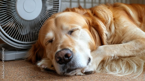 Relaxing Golden Retriever Dog Napping in Front of a Fan to Stay Cool Indoors on a Warm Day with Soft Light Illuminating the Scene